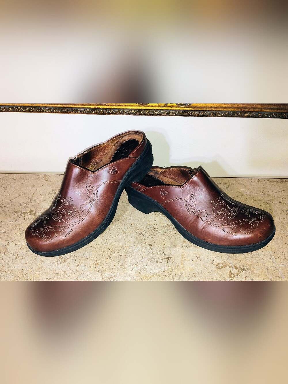 Ariat Savannah Cognac Leather Slip-On Clogs with Decorative Stitching